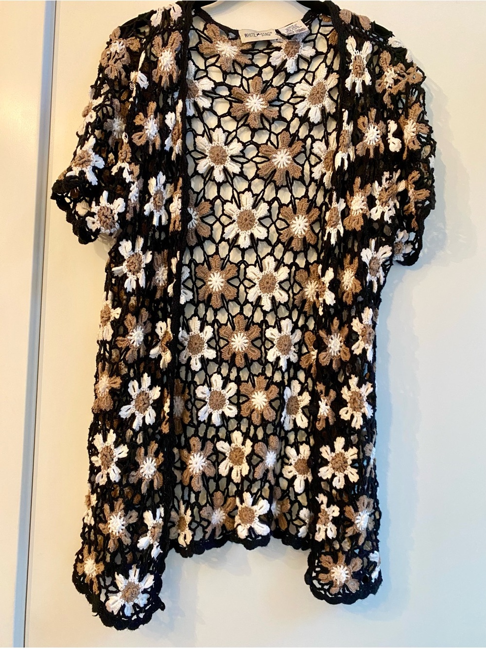 White Stag Black Crochet Floral Short Sleeve Cardigan with White and Tan Flowers